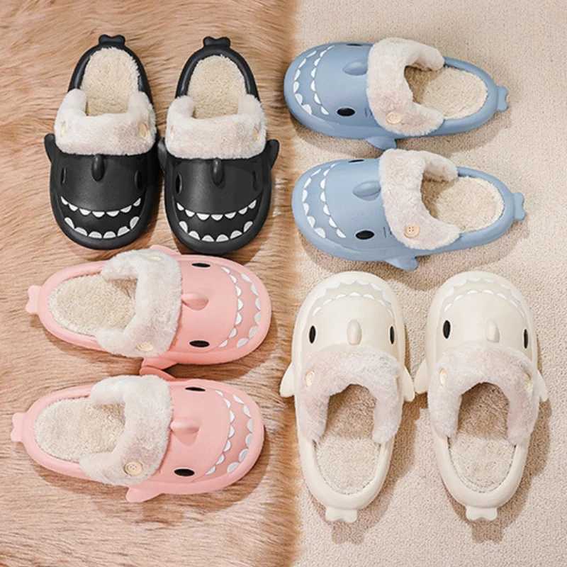 Winter Cute EVA Shark Slippers Women Indoor Warm Plush Cotton Slides Thick Non-slip House Sandals Adults Detachable Flip Flops T260922