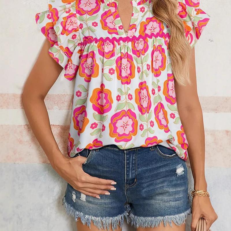 Designer Style Nouvelle Arrivée Haute Qualité Femmes D'été Col En V Plissé À Volants Chemisier Sans Manches Imprimé Floral Ruché Débardeur Élégan