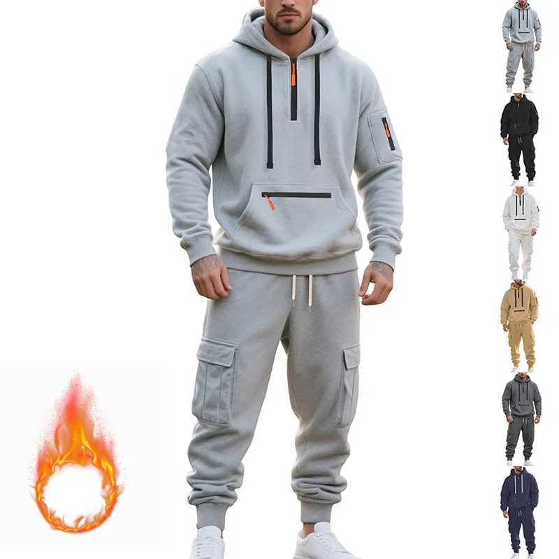 Hot Winter Men's Tracksuits Men's Plush Thick Casual Sports Suit Multi Pocket Workwear Autumn and Winter Warm Hoodie and Pants Two-piece S