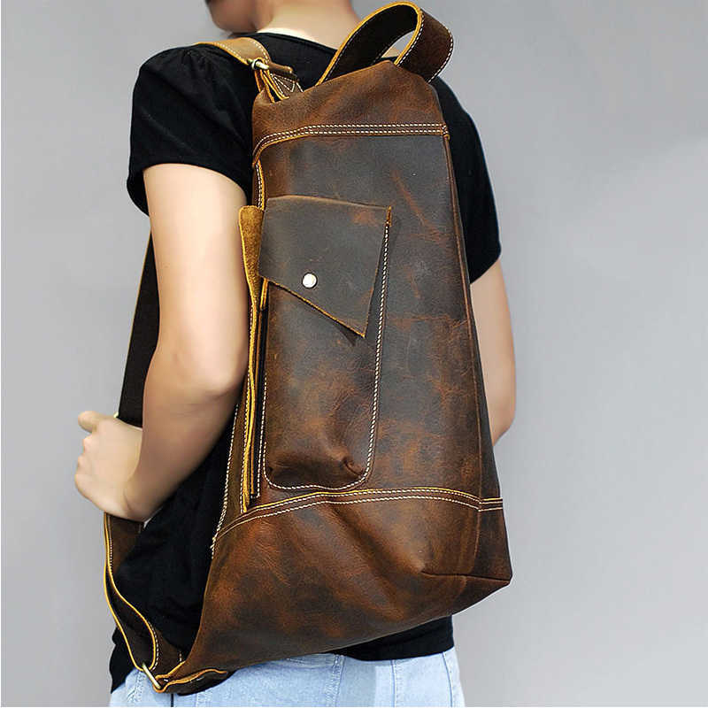 Genuine Backpack Style Featured Men's Leather Backpack Crazy Horse Leather Daypack Travel Bag Male Laptop Bagpack Unique Bagpack Man Chest Bag