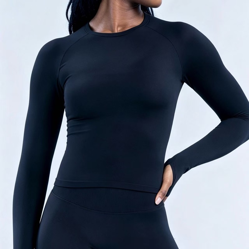 Maglia da donna a maniche lunghe da yoga girocollo raglan con foro per il pollice slim fit ritagliata camicia da allenamento senza cuciture traspira