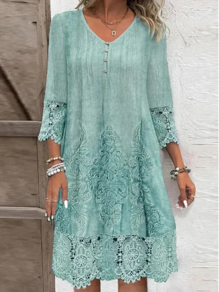 Women Casual Dress Lace Printed Short Sleeved Button Vneck Womens Dress Elegant Casual Fashionable everyday High Street Spring Dresses Ladies Basic