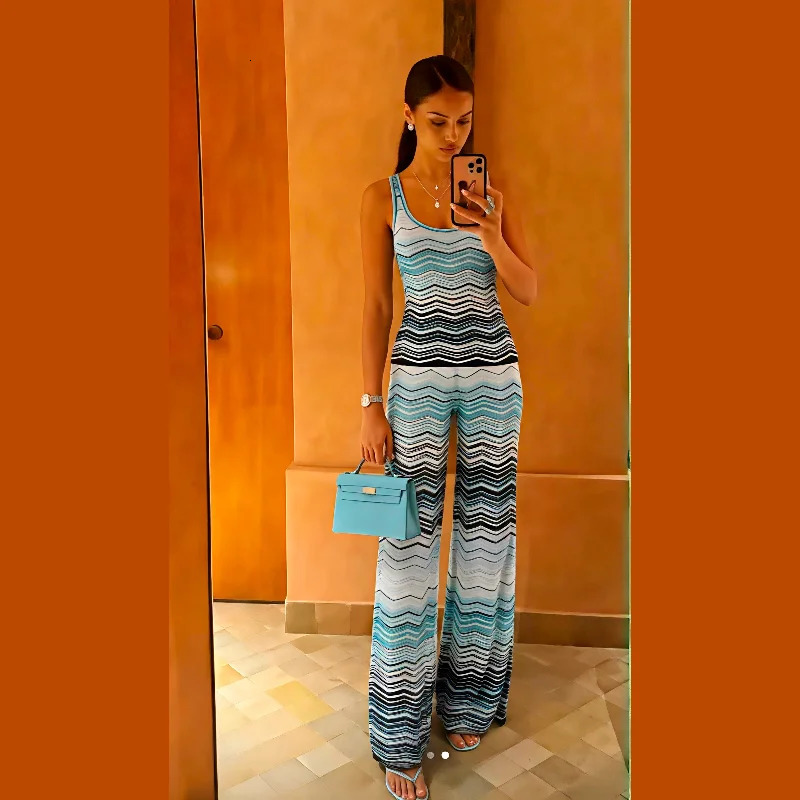 Fold Blue Chevron Knit Two Piece Set Sleeveless Top Wide Leg Pants Bodycon Summer Beach Vacation Outfit for Women 260922