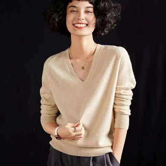 Womens 100% Pure Cashmere Pullover VNeck Sweater Loose Casual Knitted Top AutumnWinter Solid Basic Versatile Blouse 260921