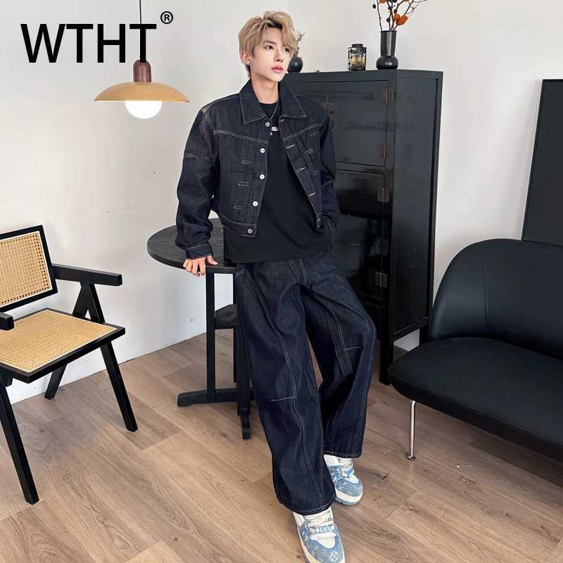 Fashion Men's Tracksuits WTHT Men's Suit Solid Color Patchwor Lapel Denim Coats High Waisted Wide Leg Casual Jeans Set Male 2025 Autumn 2A