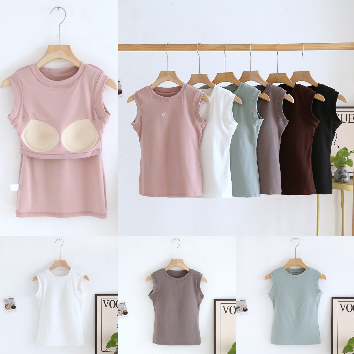 2380A Womens Sleeveless Wide Shoulder Vest Gym Clothes Women Summer Round Neck Chest Cushion Base Layer Slim Fit Sleeveless Tee Sport Top