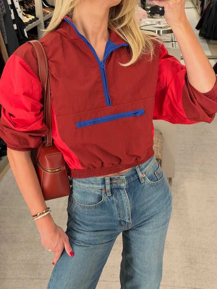 Women's Jackets Y2K Vintage Patchwork Cropped Jackets Women Coats Half Zip Contrast Stand Collar Anorak Jacket Street Sport Outerwear C260921