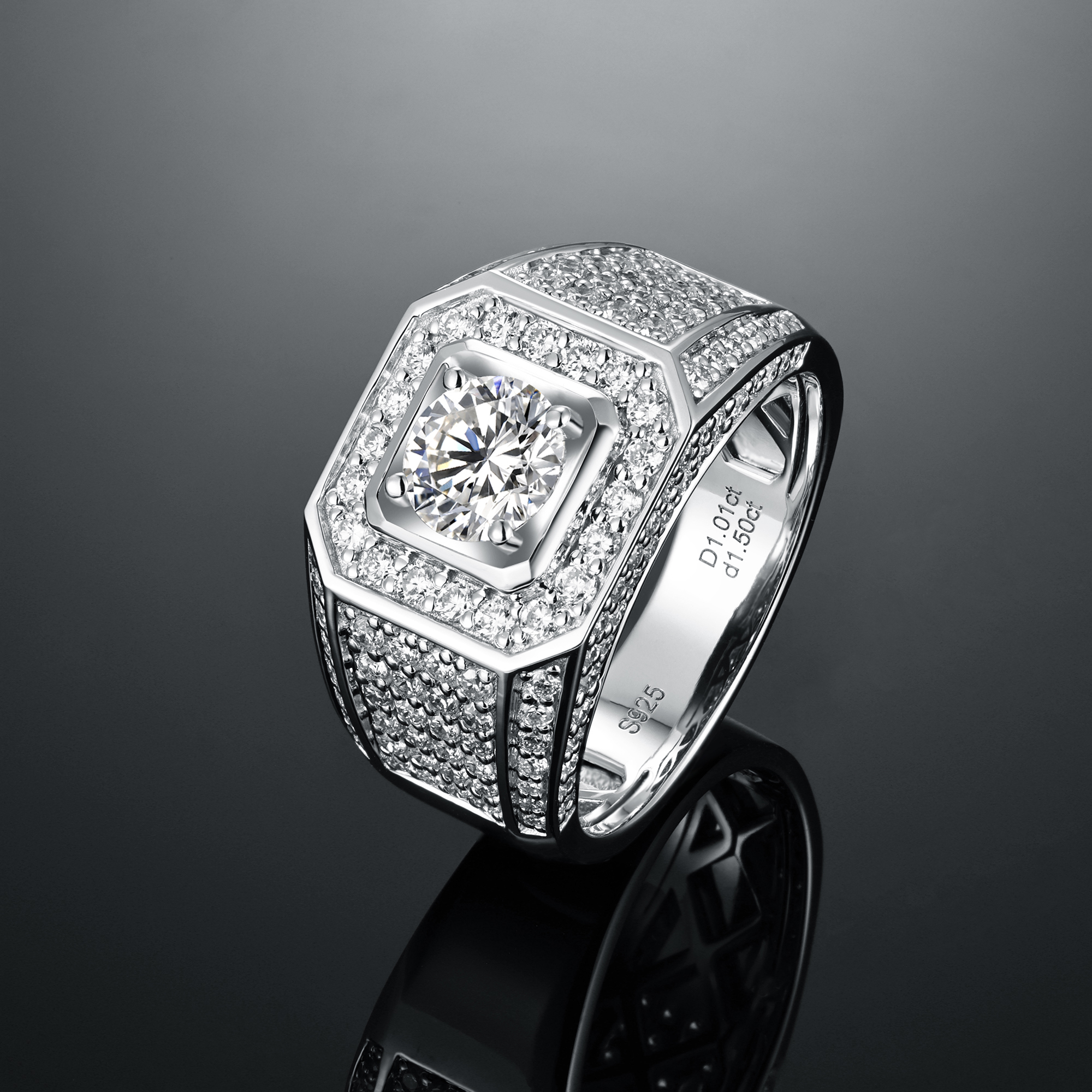 FENZO IGI Certified Lab Grown Diamond 925 Sterling Silver Octagon Square Bezel Full Paved Men Wedding Band Engagement Ring