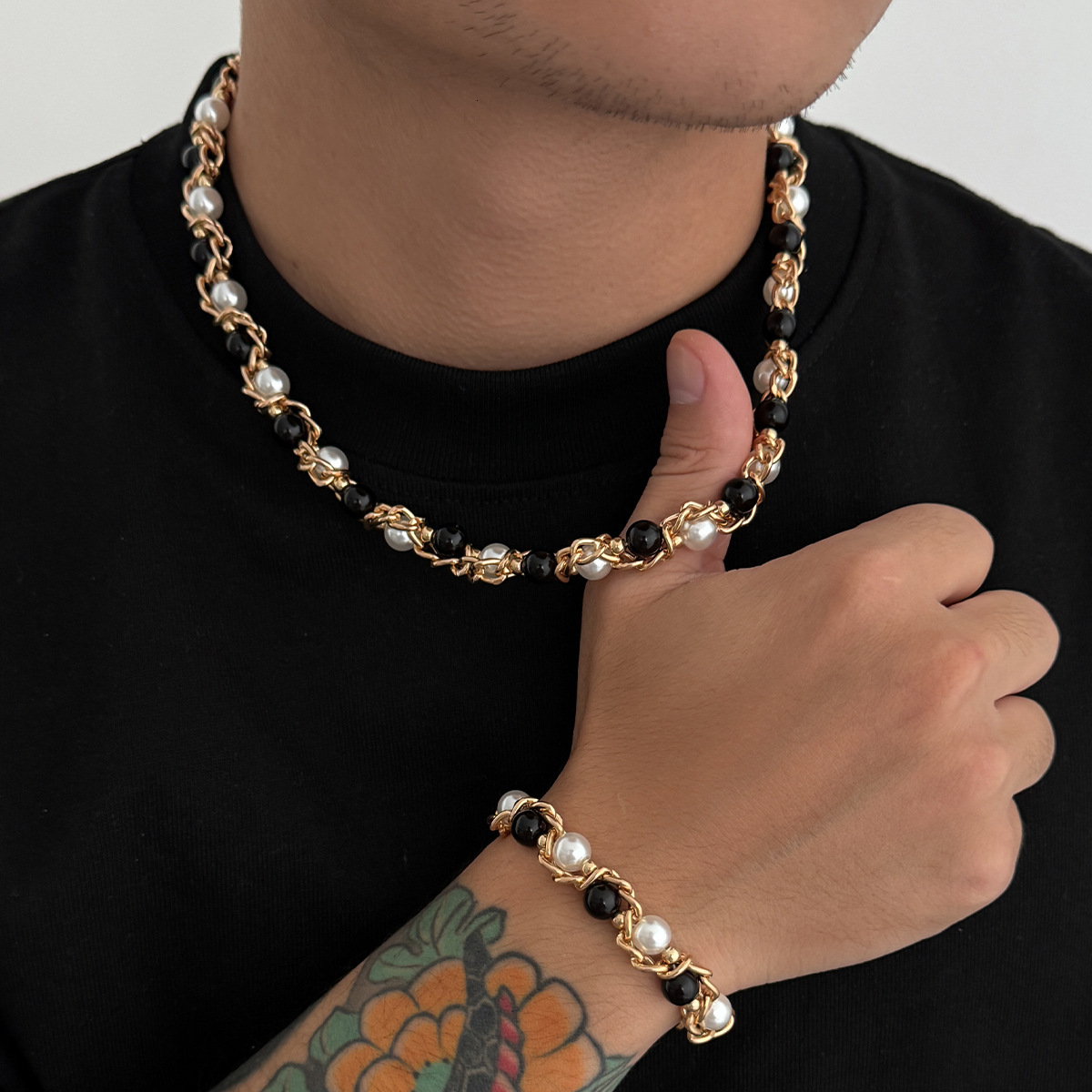 European and American New Style Pearl Wrapped Trendy Hip-Hop Personality Collarbone Men's Neck Chain