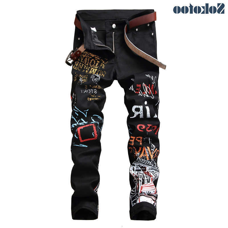 Sokotoo Men's Jeans Men's Letters Pattern Printed Black Jeans Fashion Painted Slim Fit Stretch Cotton Denim Pencil Pants T260922