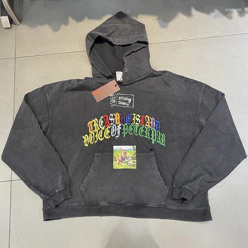 Character Pattern Print Gothic Letters Embroidery Paly Hoodie Men Women Cotton Vintage Washed Black Destroy Collar Pullover