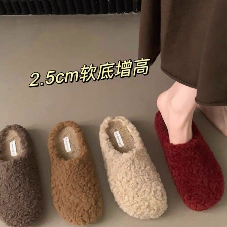 Retro lamb wool thick-soled slip-on slippers women, 2026 autumn/winter new style, fleece-lined for warmth