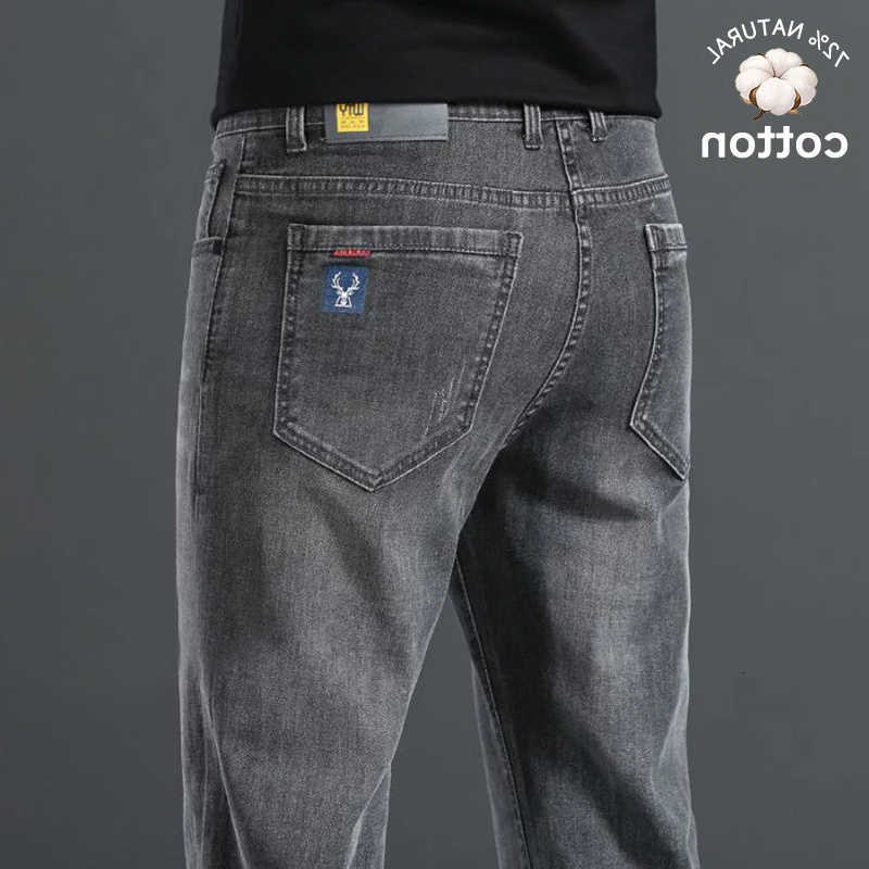 Jeans High Men's Quality Spring Summer Cotton Men's Jeans Retro High Street Slim Stretch Streetwear Antler Printing Casual Trouser Korea Y