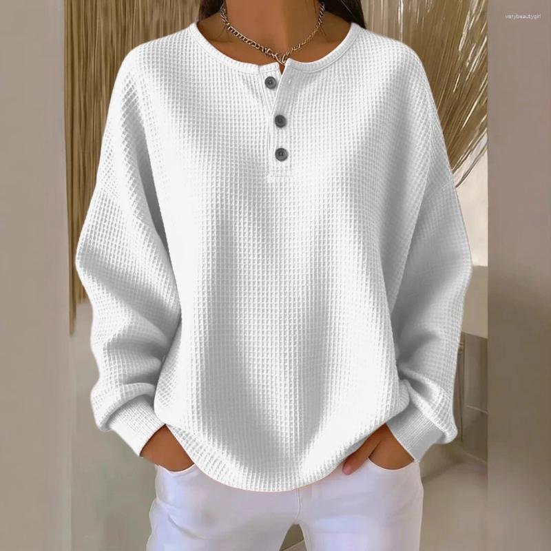 Fashionable Long Sleeved Round Neck Waffle Autumn Winter Solid Color Pullover Loose T Shirt Shirts Tops Top
