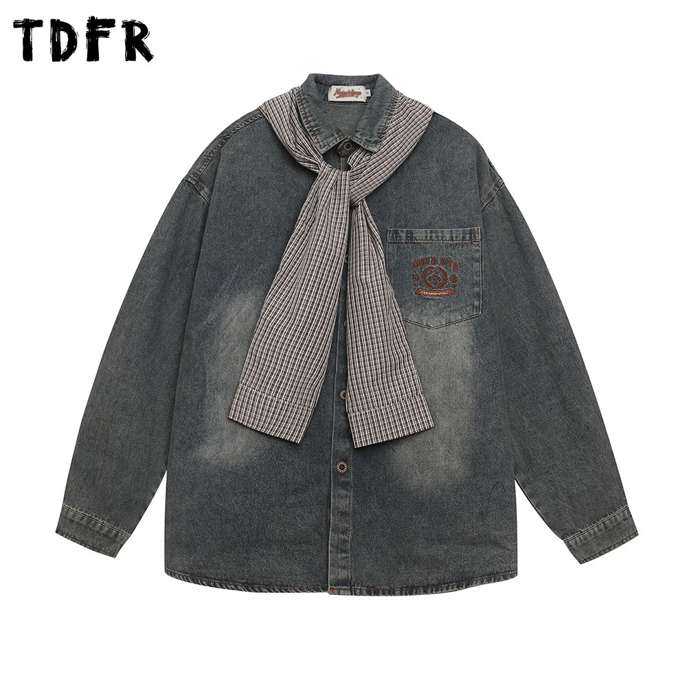 Patchwork Hooded Denim Shirts Mens Retro Washed Distressed Autumn Casual Loose Lapel Single Breasted Long Sleeve Man 260915