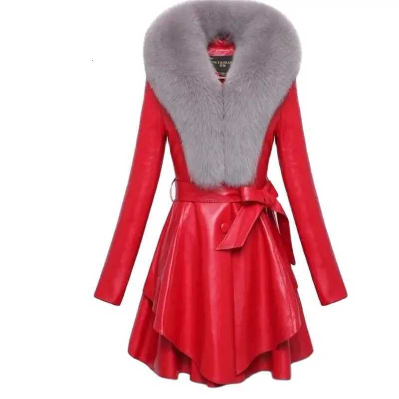 Long PU Leather Leather Jacket Women's Fur Collar Removable Coat Faux Leather Slim Female Temperament Leather Windbreaker Black C260921