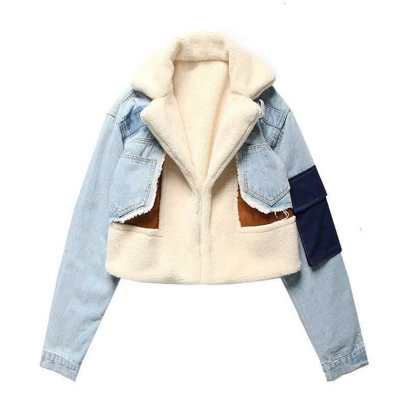 Women's Jackets Women Padded Jacket Denim Splicing Jacket Winter New Lamb's Wool Liner Thickened Short Section Biker Jacket Cotton Jacket