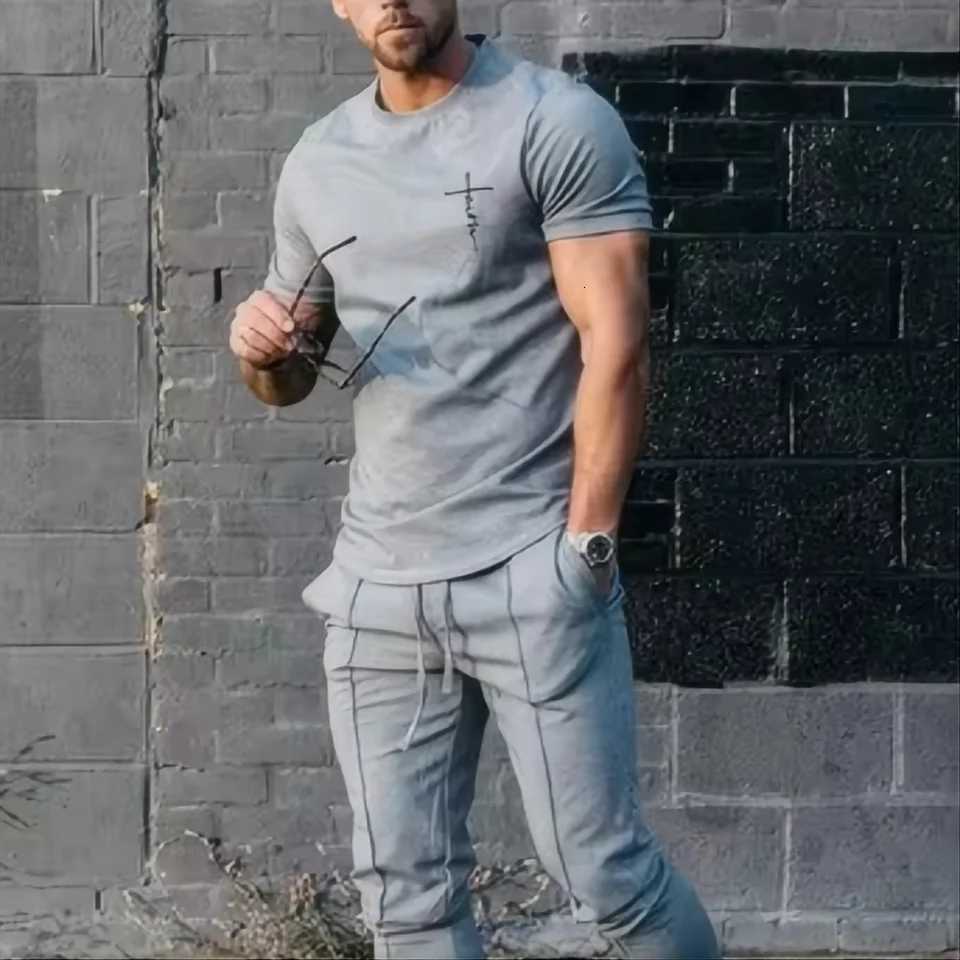 Tracksuits Men's Summer Men's Fashion Sports Set Trendy 3D Printed Sports Set Casual Jogging Street Wear Short Sleeve T-shirt Long Pants 2