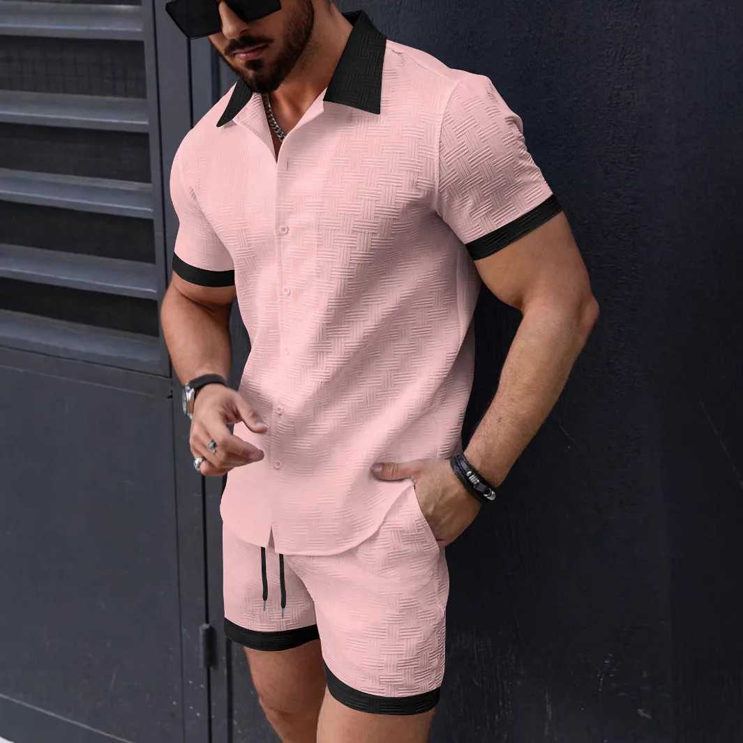 trend Men's Tracksuits New Men's suit Solid color Cotton Linen Short sleeve jacquardShirt and Shorts 2-piece set Hawaii beach Men's c