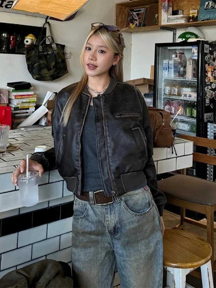 Leather Faux Women's Leather New in Autumn Winter Women High End Short Motorcycle Leather Jacket Women Top Retro Brown Loose Casual Coat Female