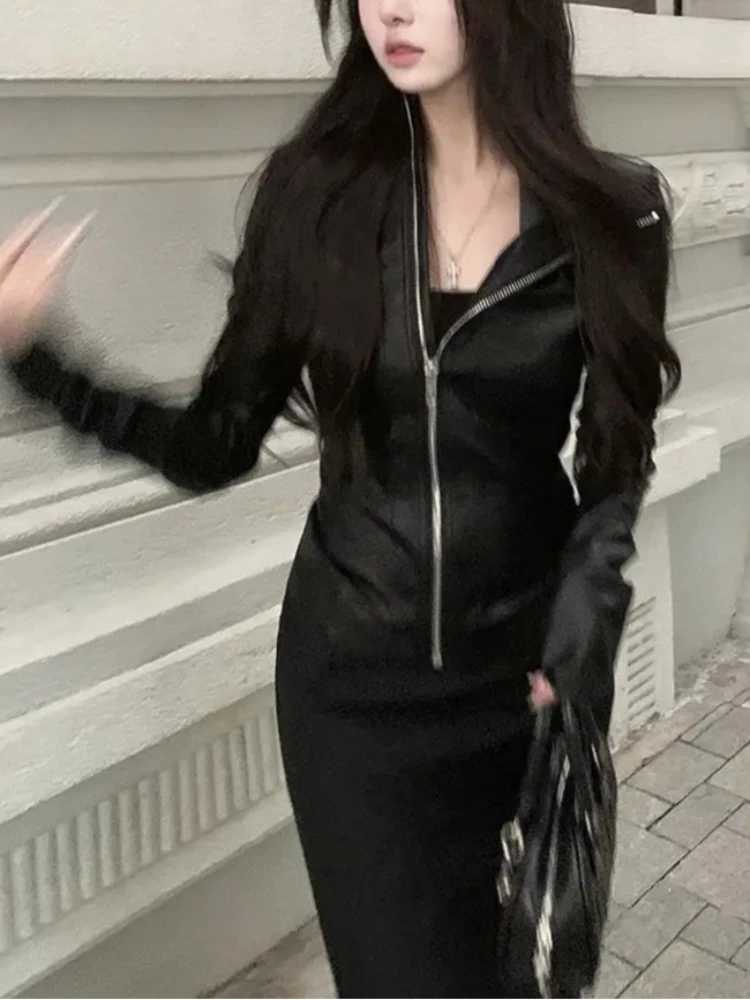 Faux Women's Leather Leather Black Slim Long Sleeve Leather Jacket Women Darkly Gothic Zipper Thin Skinny Coat Female Hepburn Y2k Vintage Cloth