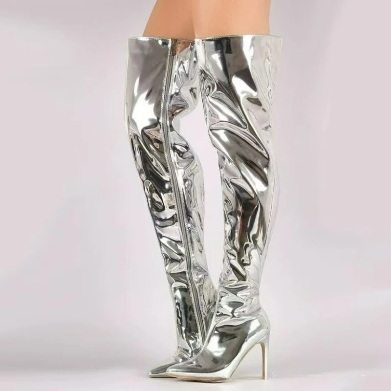 Women's Boots Mirror Thigh High Boots Platform Pointy Toe Punk Thin High Heels Over The Knee Long Boots Zip Silver Party Shoes 260922