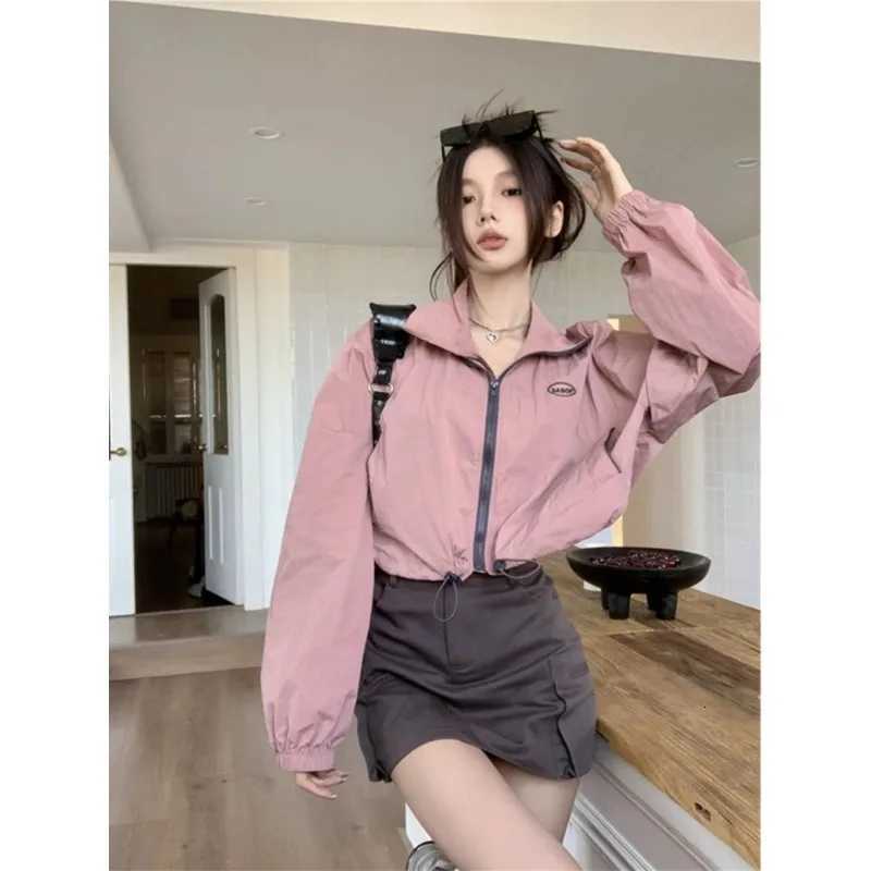 Women's Jackets Lapel Collar Long Sleeve Sun-proof Coat Women Zipper Short Straight Drawstring Thin Jacket Summer Chic Solid Outdoor Top C26092