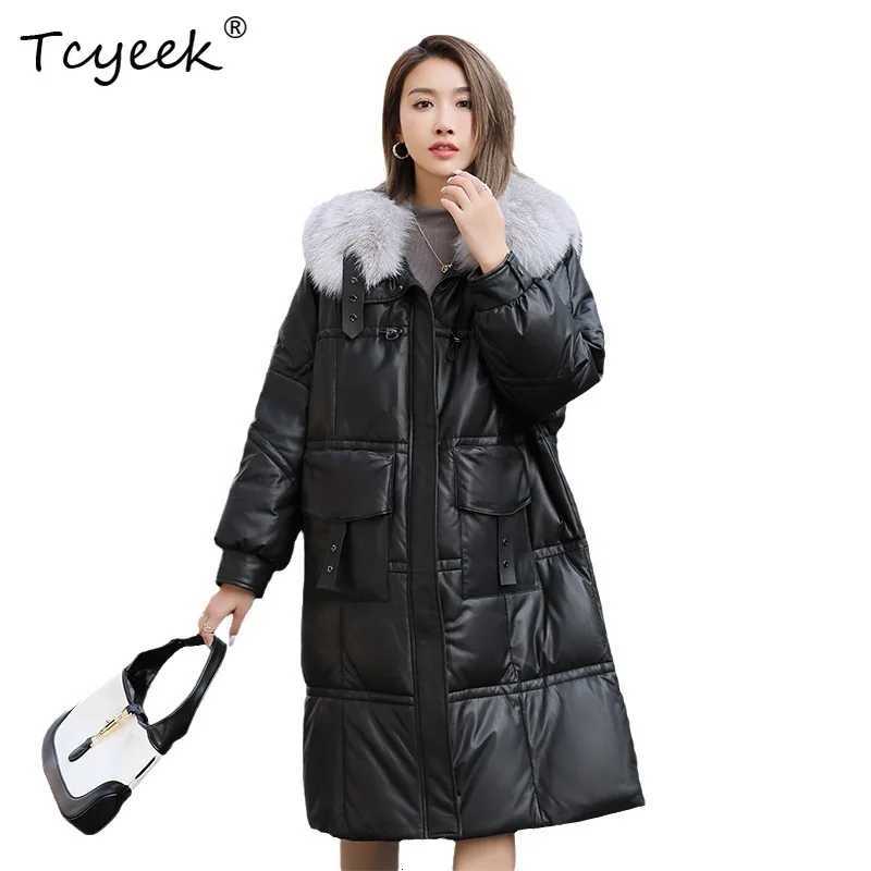 Sheepskin Tcyeek Real Autumn Winter White Duck Down Black Medium Long Women's Genuine Leather Jacket C260921