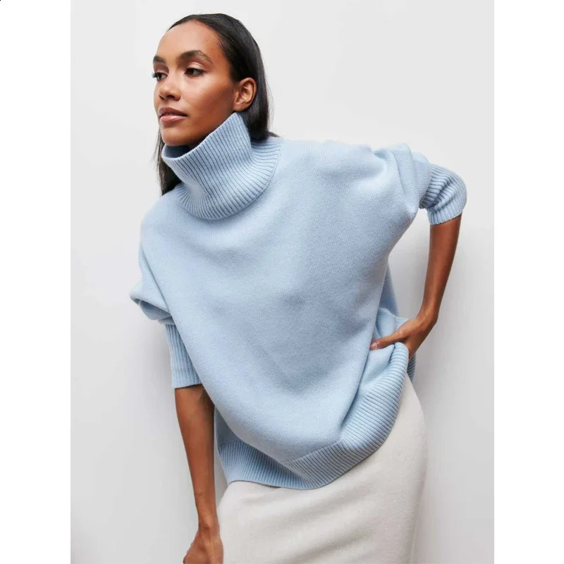 Original Light Oneck Knit Sweater Autumn and Winter Womens Elegant Loose Mock Neck Solid Color Warm Outerwear Sweater 260921