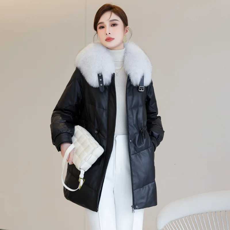 Jacket Leather Down for Women Medium Length Loose Long Fur Coat The First Layer Sheepskin Fox Fur Follar C260921