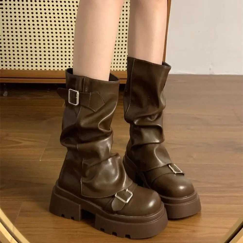 Designer Women Design Boots New Biker Boots Platform Belt Buckle Women's Knee High Booties Harajuku Gladiator Y2K Punk Mid Pipe Booties Girls J