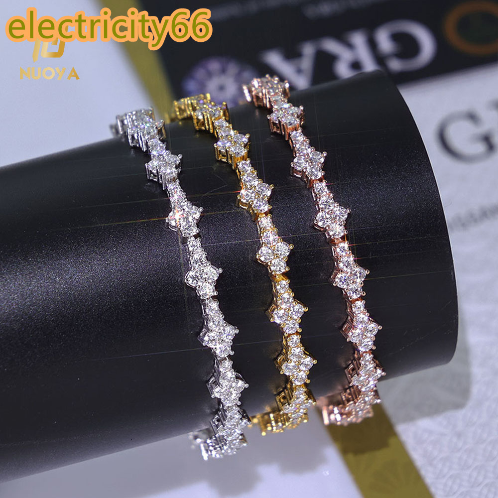 NUOYA Hiphop Jewelry Iced Out VVS Diamond Flower Shape Tennis Chain 925 Sterling Silver Moissanite Tennis Chain Women's Bracelet