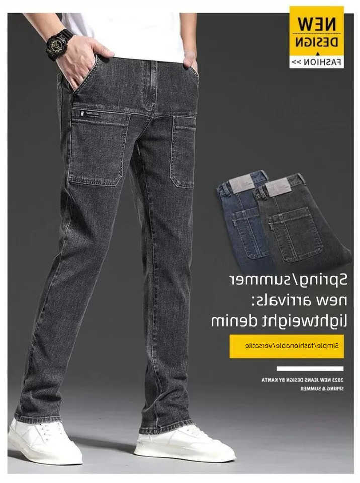 2026 Men's Jeans Men's Women's Multi Pocket Straight Leg Jeans Simple Thin Cultivate Oneself Appear Taller Blue gray Spring Summer Th
