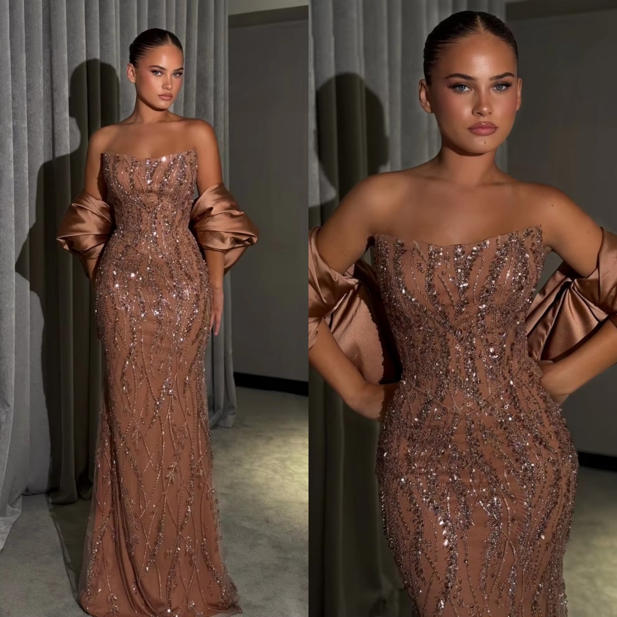 Sparkly Strapless Evening Dresses Sequins Mermaid Prom Dress with Cape Party Gown Shiny Slim Fit Customized Vestidos De Noche Plus Size