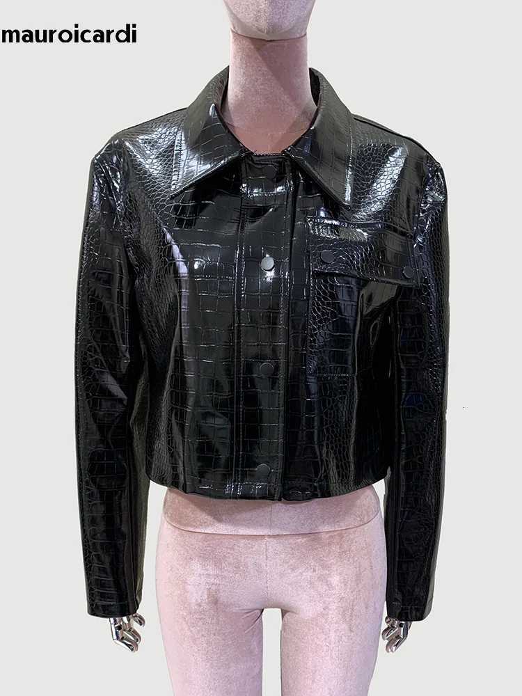 Cool Mauroicardi Autumn Short Shiny Black Crocodile Print Pu Leather Jacket Women with Long Sleeve Luxury Designer Clothes 2024 C260921