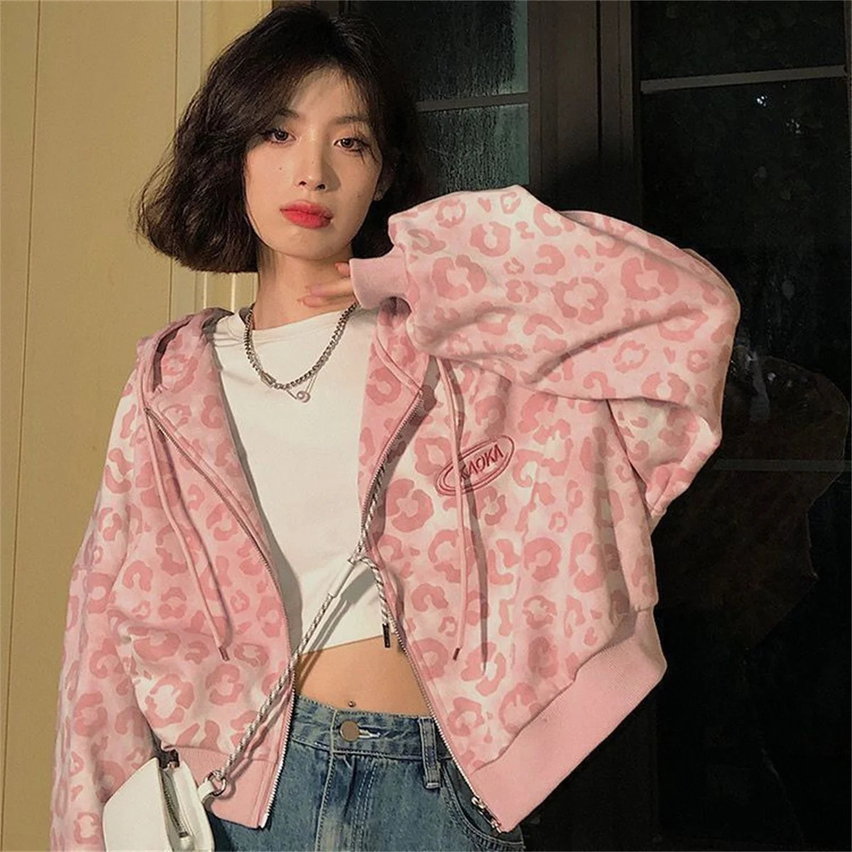 Cool Pink Leopard Print Hoodie Sweatshirt Women Spring Autumn Punk Hoodies Tops Females Outwear Clothes Zip Up Crop Tops Girl 260922