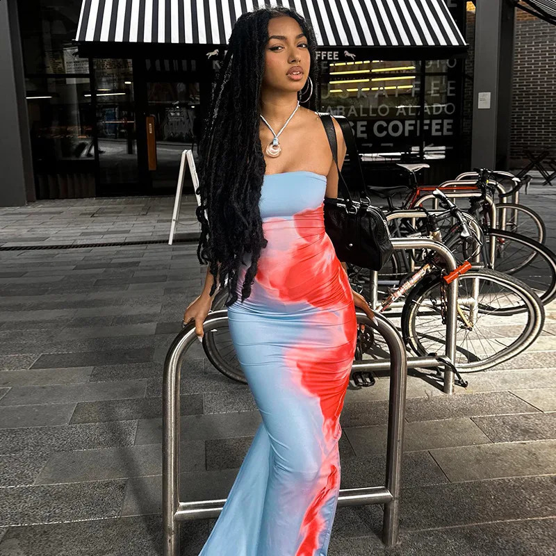 Fashion Elegant Sleeveless Print Long Dress Women's Sexy Backless Strapless Bodycon Maxi Dresses Summer Beach Holiday Long Robe 260918