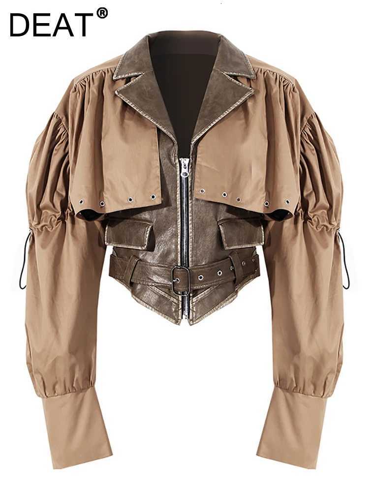 Women's Jackets DEAT 2024 New Autumn And Winter Fashion Women Clothes Turn-down Collar Full Sleeves Spliced PU Leather Patchwork Jacket WT264 C