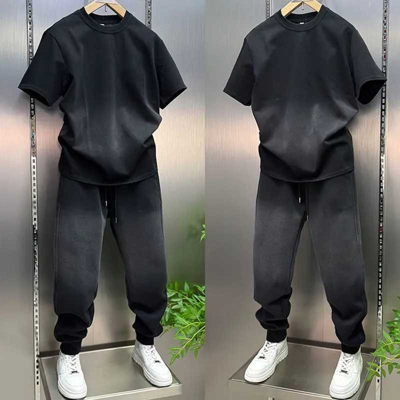 Tracksuits Men's high-quality Men's casual suit fashionable full set dyed top pants Korean 2pcs loose and comfortable sportswear J260921