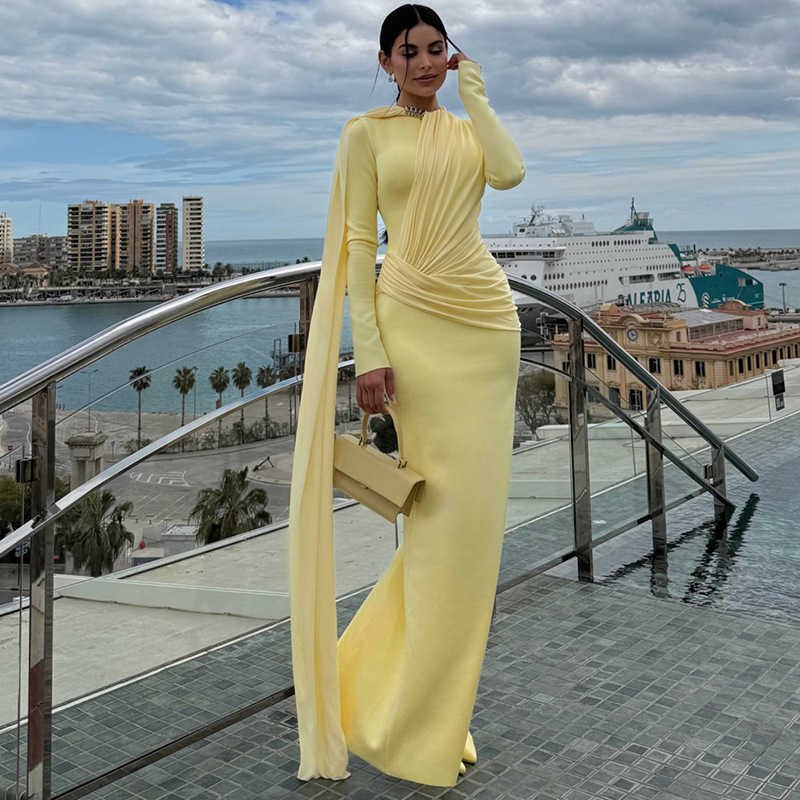2026 Autumn New Women's Fashion Long-Sleeve Round Neck Solid Color Pleated Sexy Bodycon Dress with Ribbon Detail T260922
