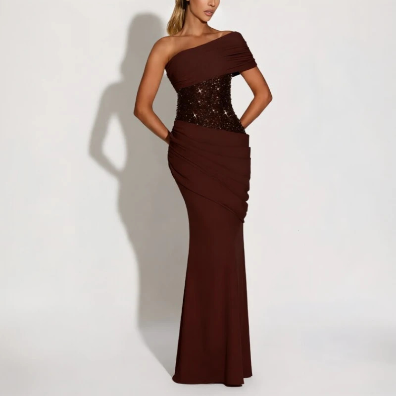 Suninheart One Shoulder Evening Dress for Women Elegant Draped Sequins Dress Long Back Lace Up Mermaid Maxi Party Dress 260922