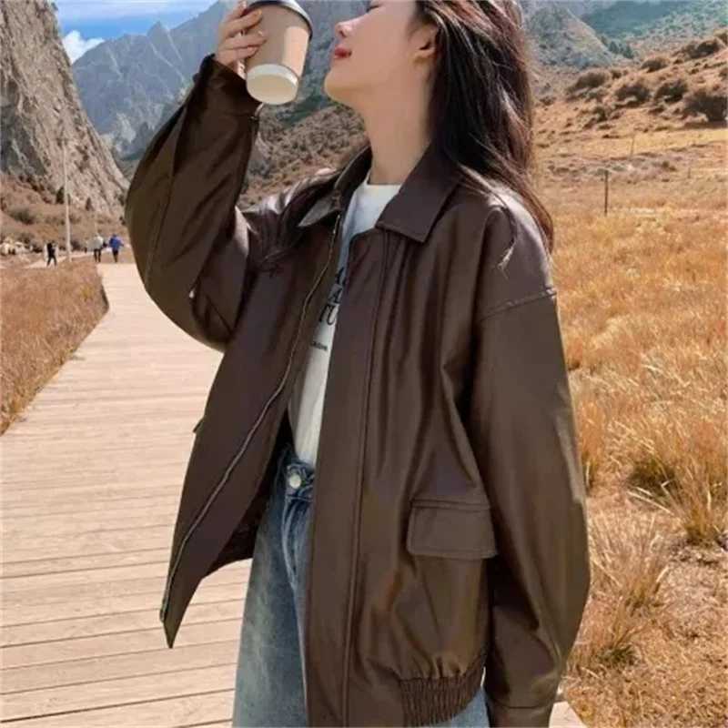 Jacket Maillard Leather Women's Spring And Autumn New Retro Black And Brown Casual Fashion Zipper Loose Plus Size Leather Jacket C260921