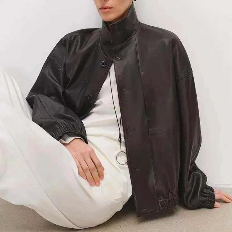 Jacket Minimalist Leather for Women Modern Genuine Sheepskin Stand Up Collar Short Silhouette Coat Winter Top C260921