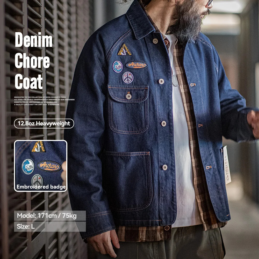 Maden Distintivo ricamato vintage da 12,8 once Giacca di jeans pesante lavato con risvolto Capispalla casual per uomo Cappotto da lavoro primaverile