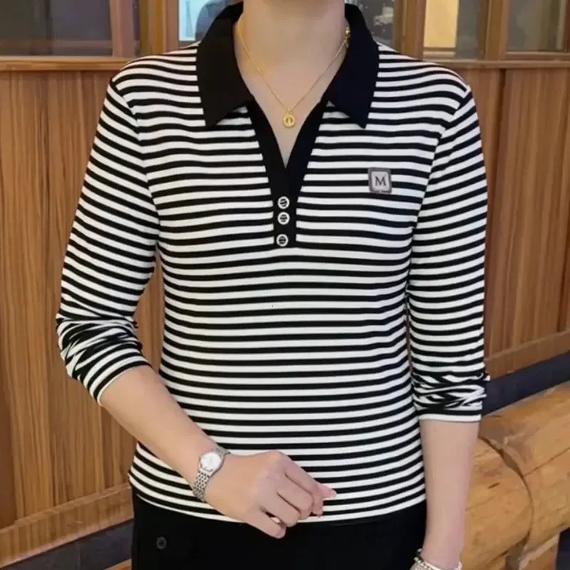 Striped Lapel Polo Shirt Women Cotton Long Sleeve Casual Slim Mother Basic Top 260922
