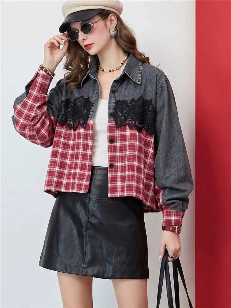 Women's Jackets Women Reversible Cropped Plaid Denim Jacket Lace Patchwork Button Up Vintage Casual Two Way Relaxed Fit Autumn Fashion Outerwea