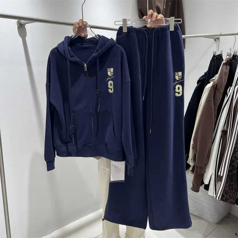 Tracksuits Fashionable Letter Men's Print Hooded Open Cardigan Jacket Women's Loose Wide Leg Pants Casual Two-Piece Set Street Style Polye