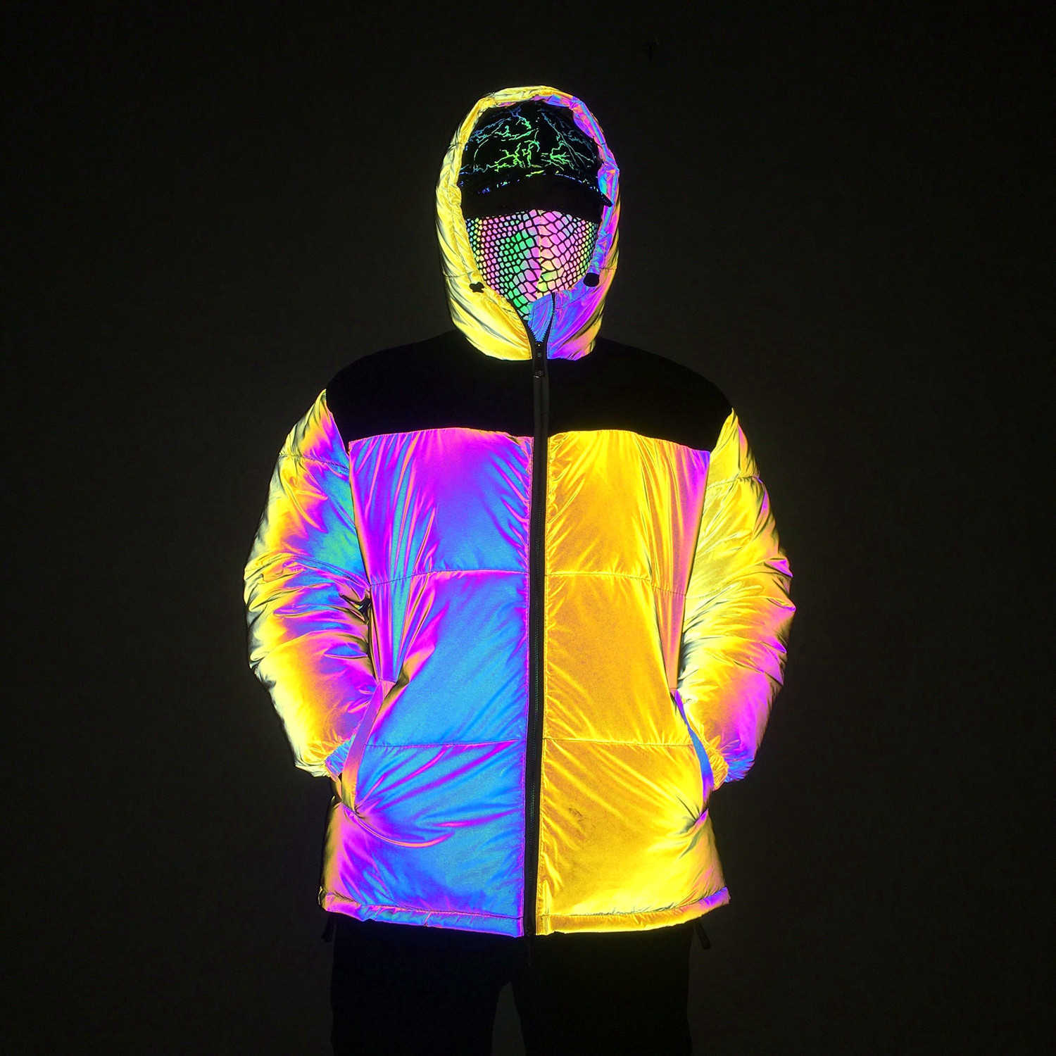 Yellow Parkas Black Men's Down Patchwork Colorful Reflective Jacket Winter Coat Men Women Fashion Night Reflect Light Abrigo Hombre C260922