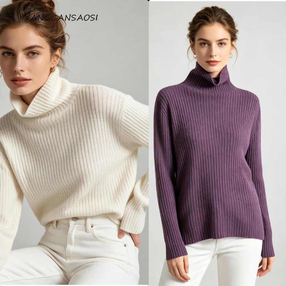 2026 Womens Casual AutumnWinter 100% Wool Pit Stripe Warm Loose High Collar Long Sleeve Knitted Base Sweater 260922