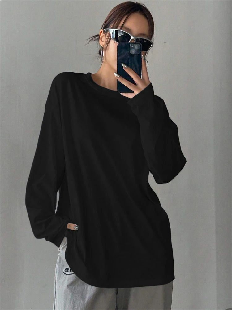 Women Basic Long Sleeve Loose O-neck T-shirt Autumn Winter Solid Color Tee Top Streetwear 260921